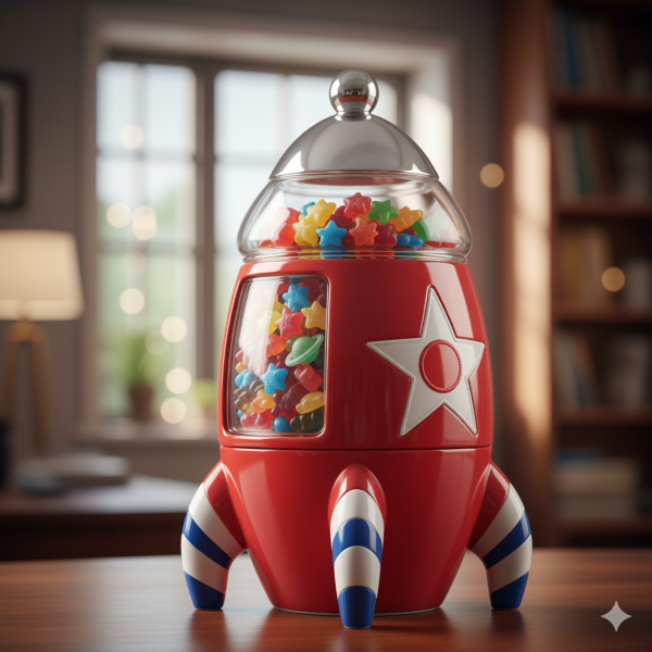 Um pote de bala em formato de foguete